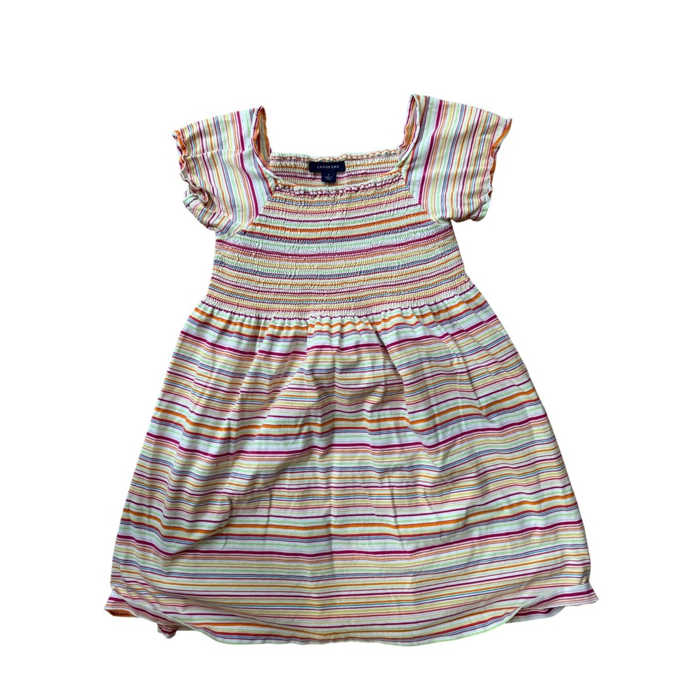 Lands End Girls Multi Color Striped Smocked Bodice Dress Size 8 Short Sleeve